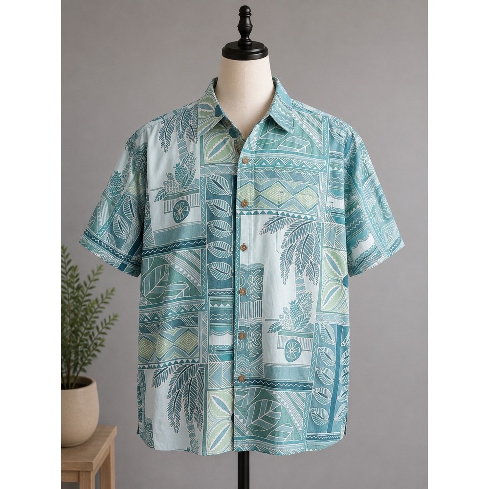 Cooke Street Honolulu Mens Large Teal Cotton Tropical Geometric Aloha Shirt